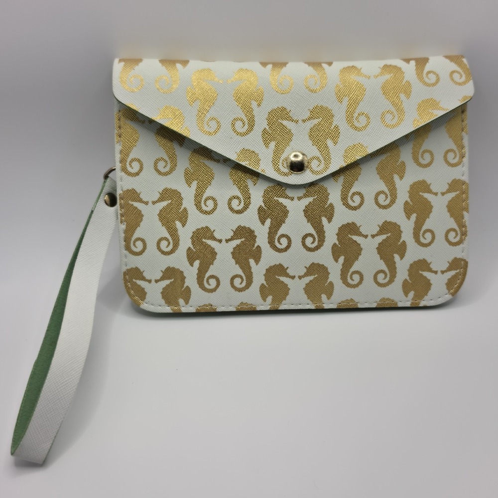 Top It Off Gold Seahorse Crossbody Wristlet Clutch Convertible Bag WHT Nautical